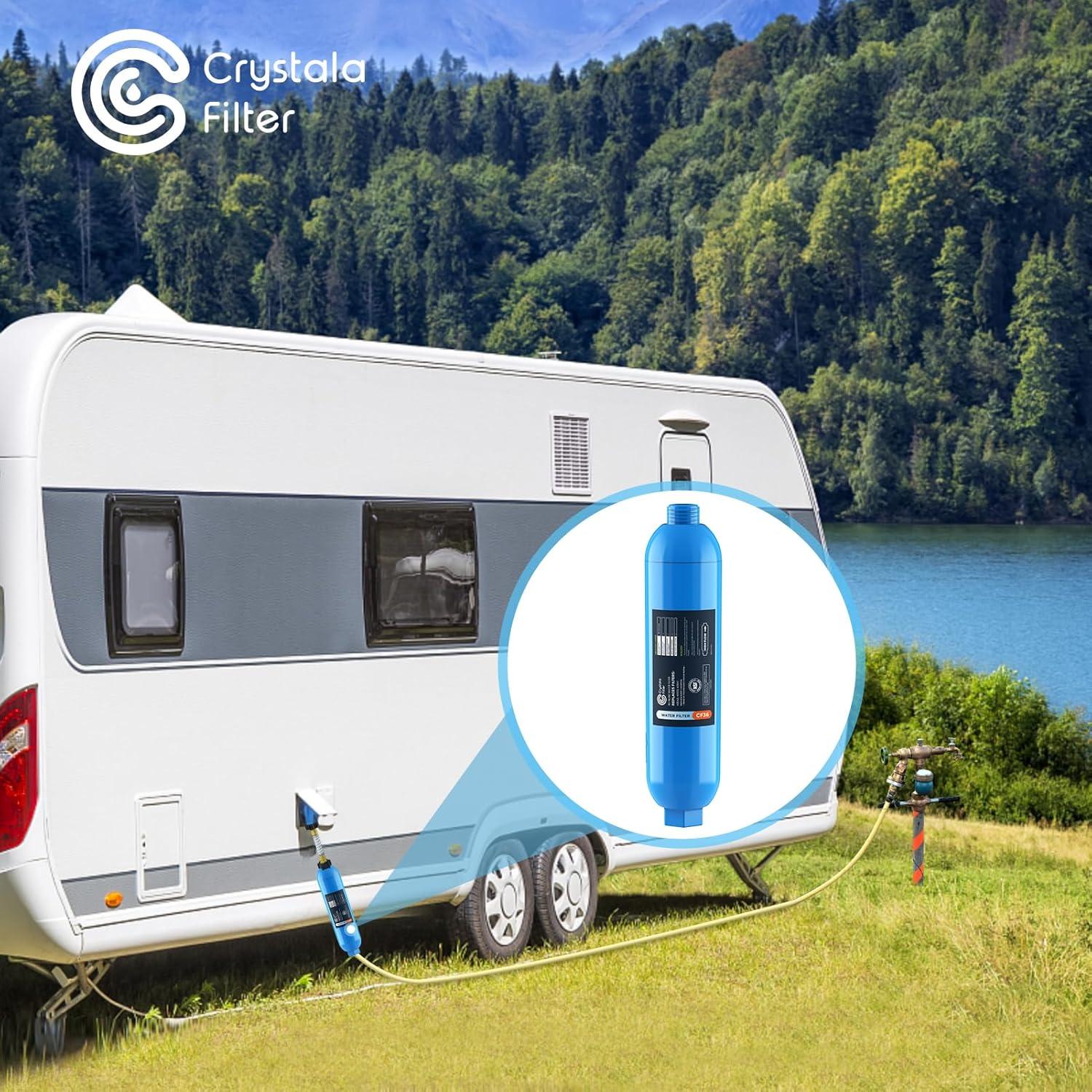 imageCRYSTALA RVCamper Water Filter Inline Water Filter Effectively Reduces Bad Taste Odors Chlorine and Sediment for RVs and Marines 1 Pack Filter with 1 Flexible Hose Protector2 CountPack of 1