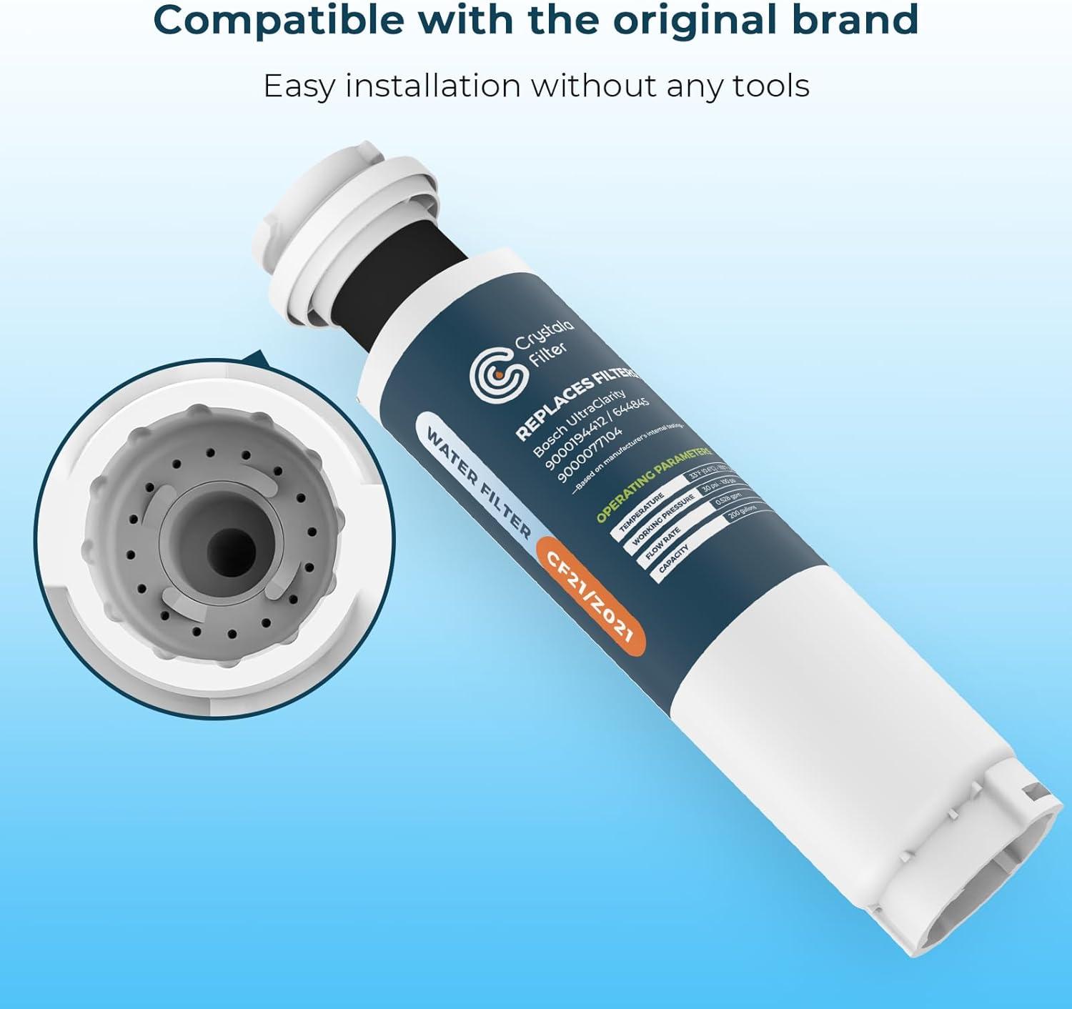 imageCrystala Filters 644845 Refrigerator Water Filter Replacement for Bosch Ultra Clarity 9000077104 9000194412 644845 B26FT70SNS B22CS80SNS B22CS50SNS Haier 0060820860 Miele KWF1000 3 pack