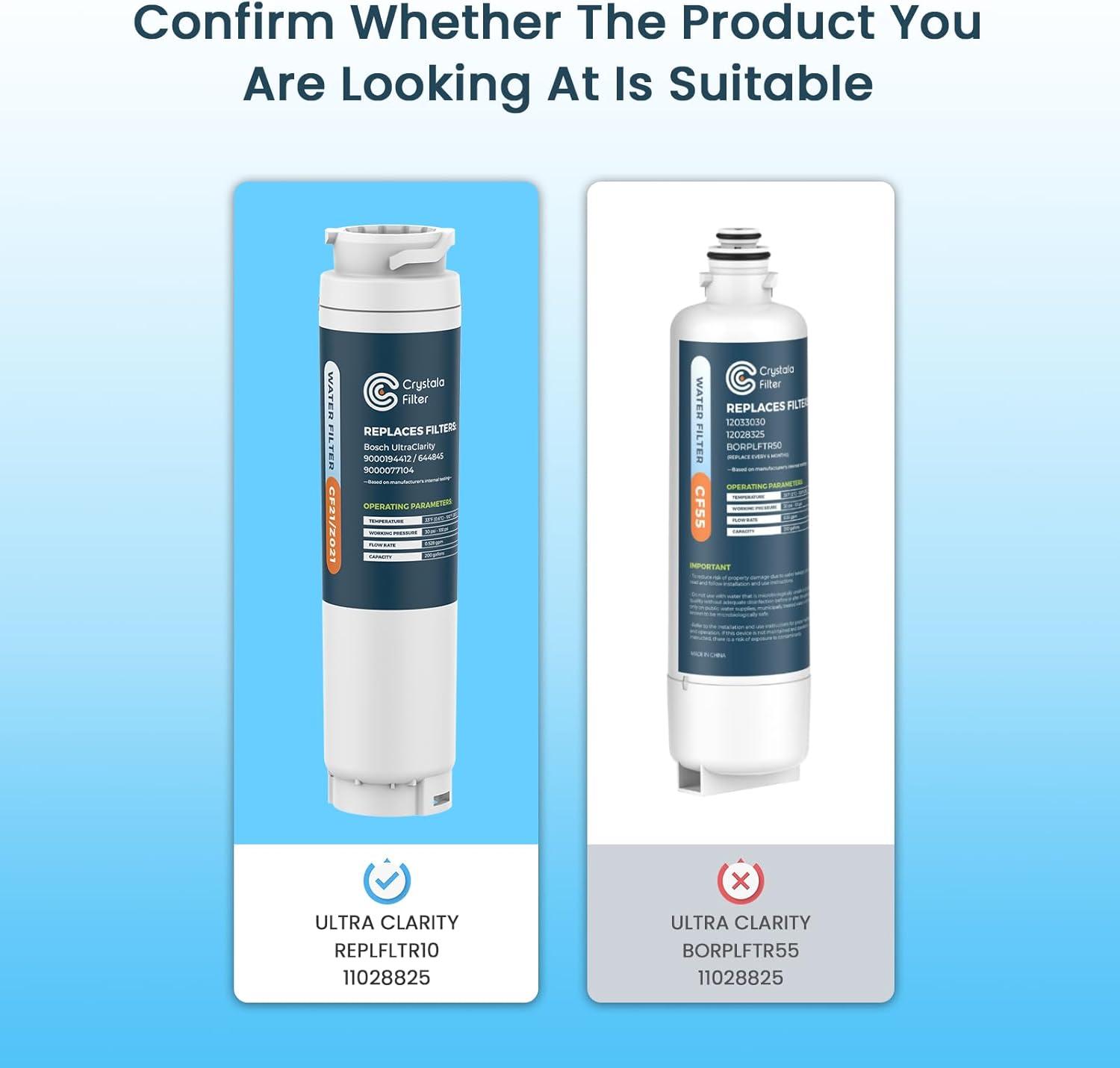 imageCrystala Filters 644845 Refrigerator Water Filter Replacement for Bosch Ultra Clarity 9000077104 9000194412 644845 B26FT70SNS B22CS80SNS B22CS50SNS Haier 0060820860 Miele KWF1000 3 pack
