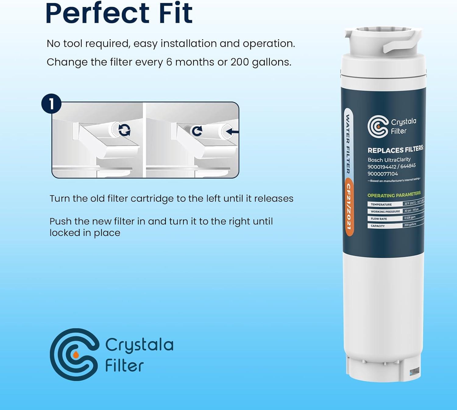imageCrystala Filters 644845 Refrigerator Water Filter Replacement for Bosch Ultra Clarity 9000077104 9000194412 644845 B26FT70SNS B22CS80SNS B22CS50SNS Haier 0060820860 Miele KWF1000 3 pack