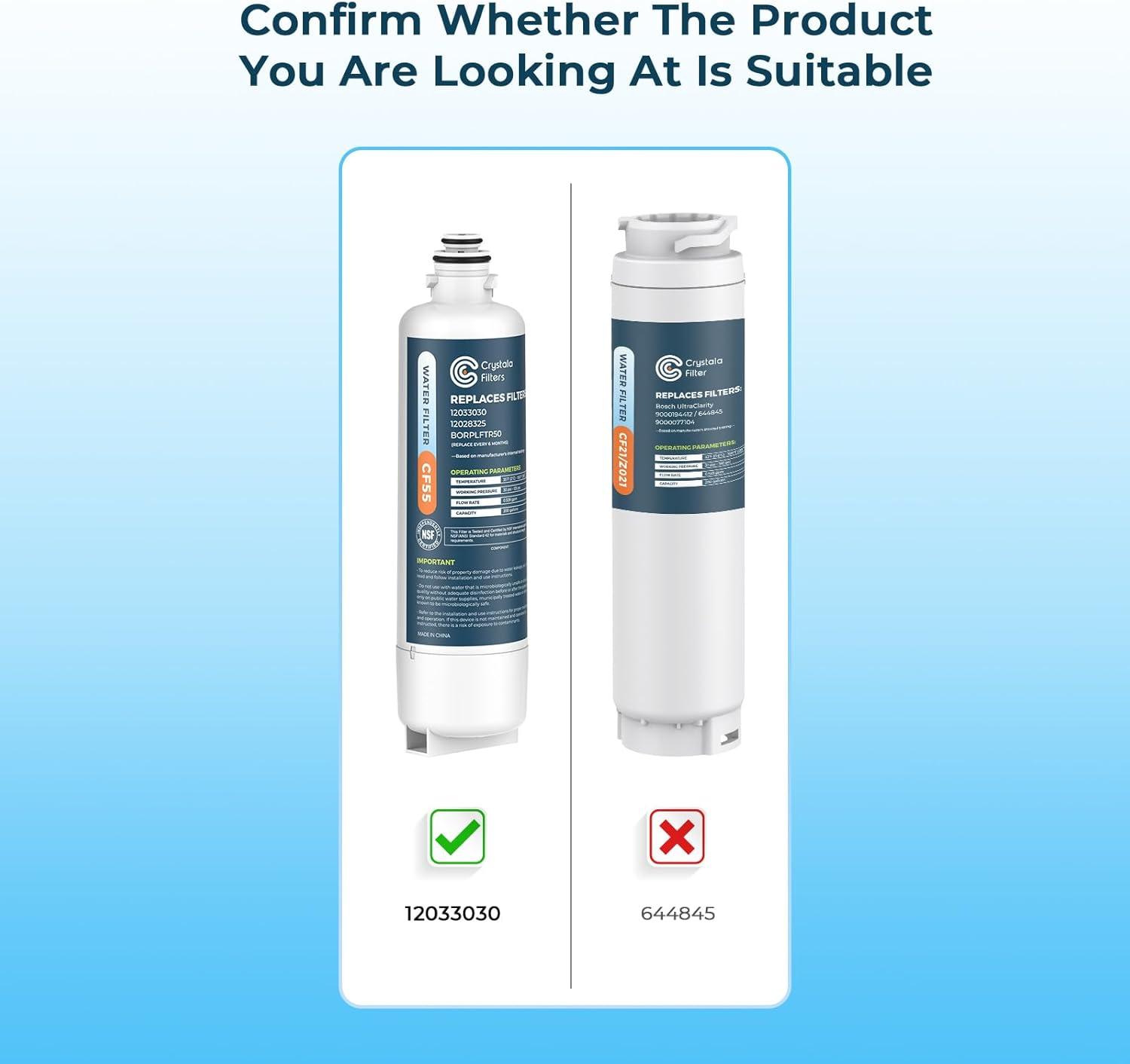 imageCrystala Filters Replacement for Bosch Ultra Clarity Pro Water Filter Compatible with BORPLFTR50 12033030 11025825 12028325 BORPLFTR55 WFC100MF WFS200MF 1 Pack1 Count Pack of 1