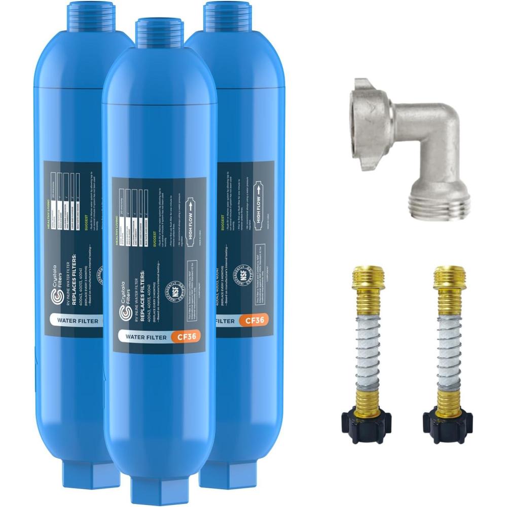 imageCRYSTALA RVCamper Water Filter Inline Water Filter Effectively Reduces Bad Taste Odors Chlorine and Sediment for RVs and Marines 1 Pack Filter with 1 Flexible Hose Protector3 CountPack of 1